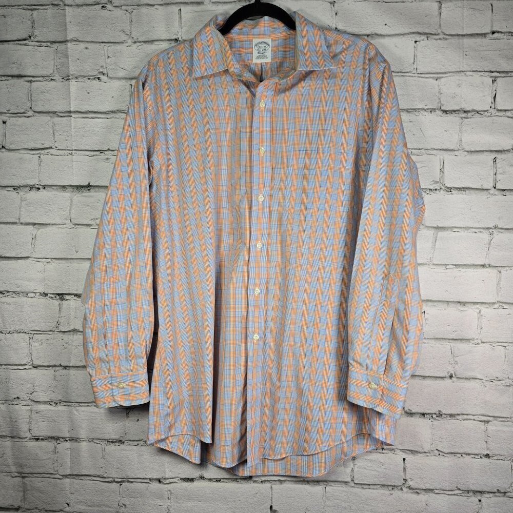 BROOKS BROTHERS ORANGE AND BLUE PLAID BUTTON DOWN LONG SLEEVE MENS 16 1/2 33